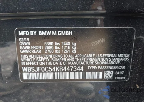 2019 BMW M5 Competition из США, поврежденный, VIN WBSJF0C54KB447344